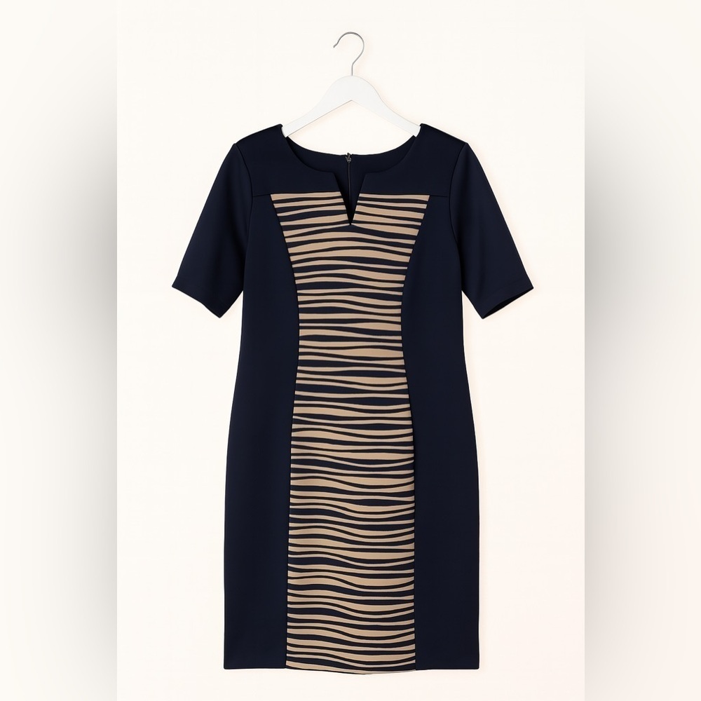 Connected Apparel Navy Blue Dress 14 Slit Neck Stretch Tan Front Panel Classic